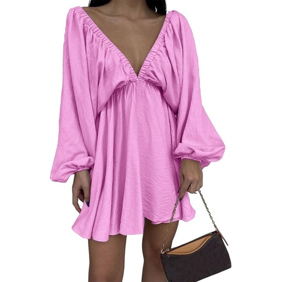 Amazon Dresses & Skirts - Amazon Pink Deep V Neck Long Puff Sleeve Backless High Waist Ruffle Mini Dress M
